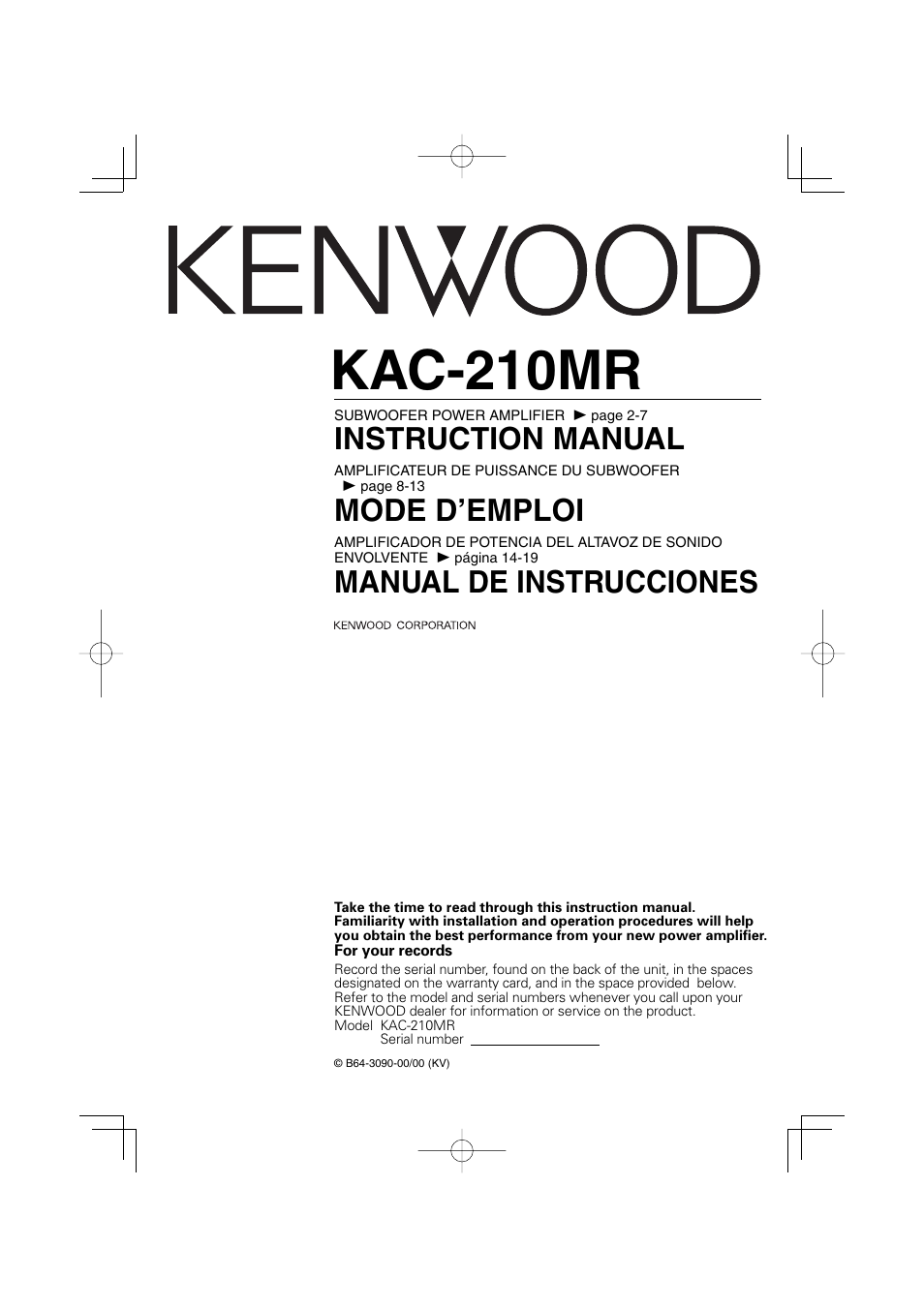 Kenwood KAC-210MR User Manual | 20 pages