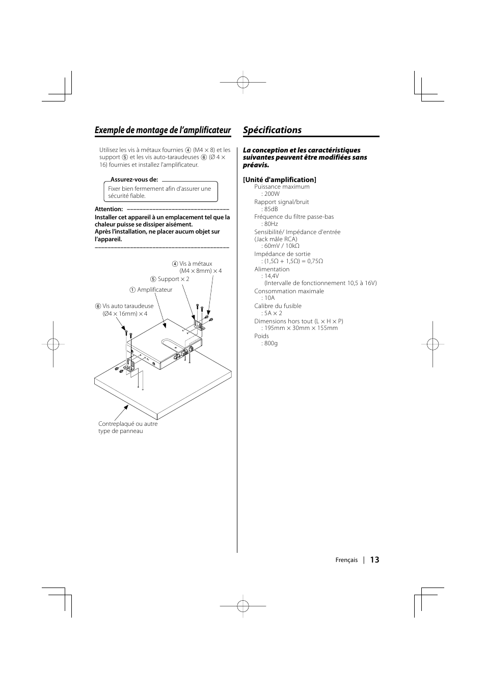 Exemple de montage de l’amplificateur, Spécifications | Kenwood KAC-210MR User Manual | Page 13 / 20