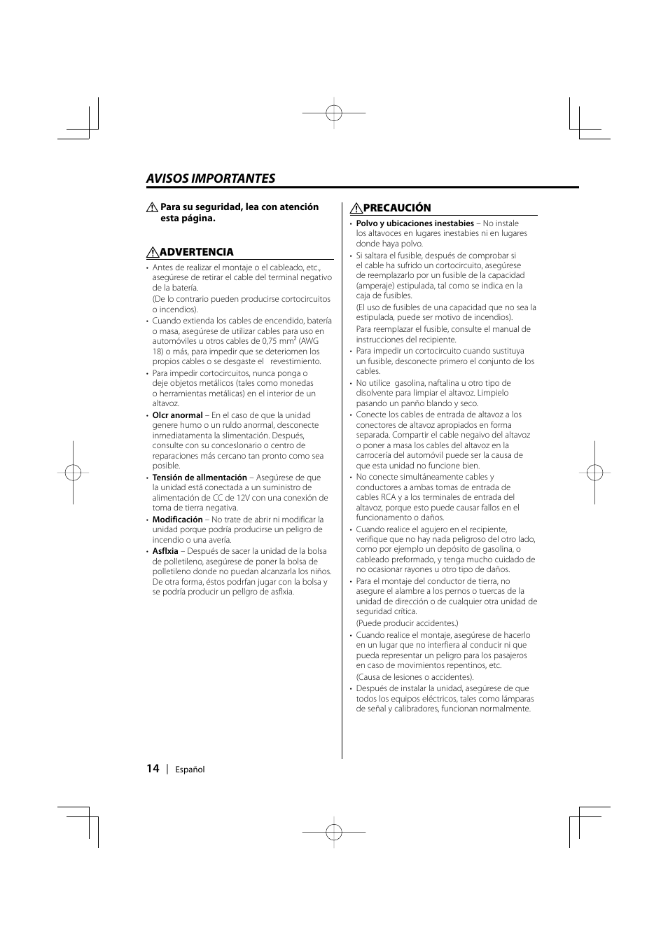 Spanish, Avisos importantes | Kenwood KAC-210MR User Manual | Page 14 / 20