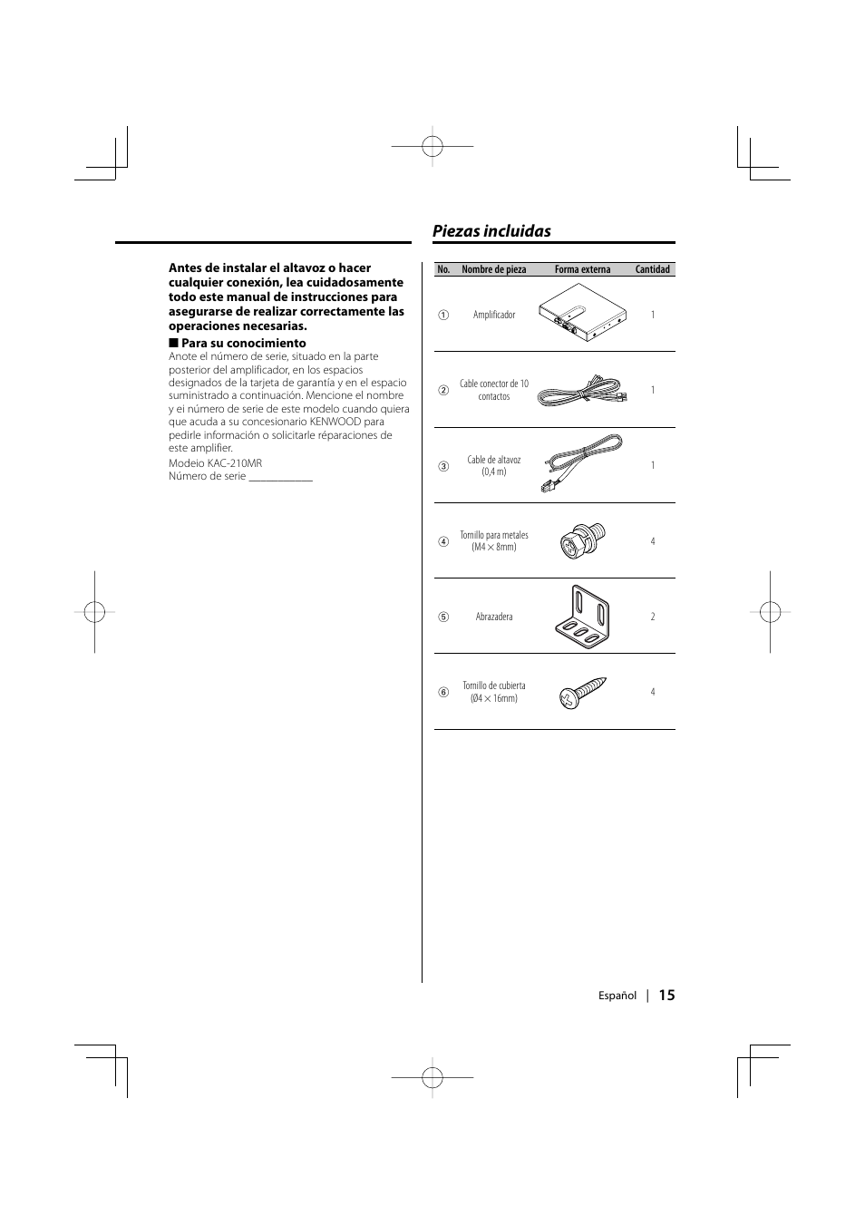 Piezas incluidas | Kenwood KAC-210MR User Manual | Page 15 / 20