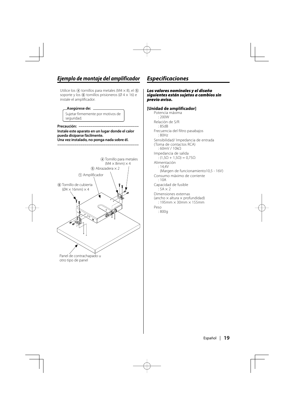 Ejemplo de montaje del amplificador, Especificaciones | Kenwood KAC-210MR User Manual | Page 19 / 20