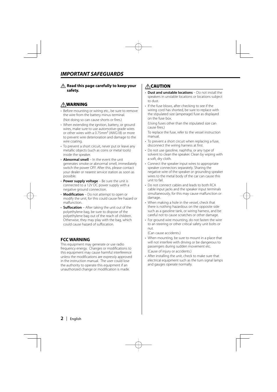 English, Important safeguards | Kenwood KAC-210MR User Manual | Page 2 / 20