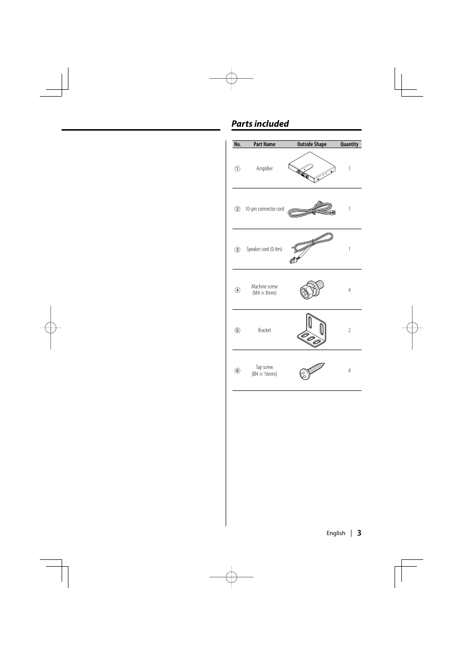 Parts included | Kenwood KAC-210MR User Manual | Page 3 / 20