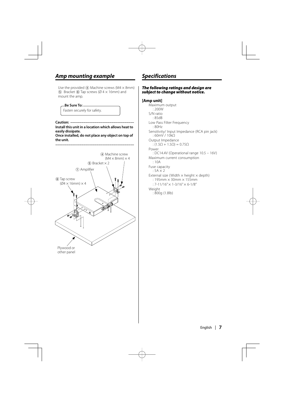 Amp mounting example, Specifications | Kenwood KAC-210MR User Manual | Page 7 / 20