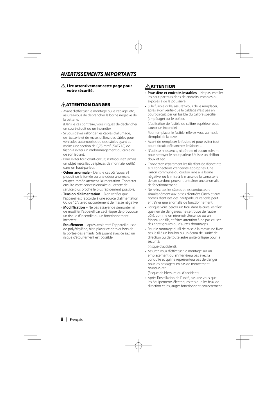 French, Avertissements importants | Kenwood KAC-210MR User Manual | Page 8 / 20