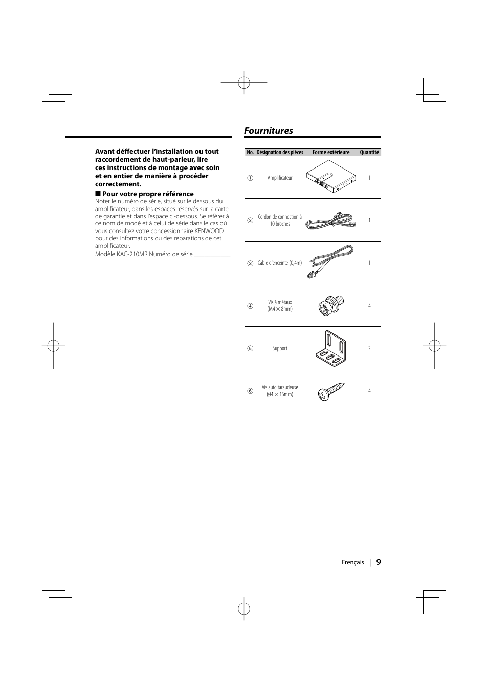 Fournitures | Kenwood KAC-210MR User Manual | Page 9 / 20