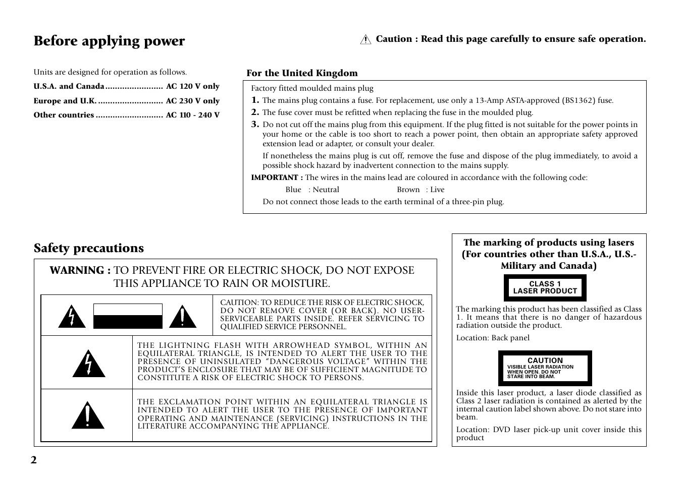 Before applying power, Safety precautions | Kenwood DV-5700 User Manual | Page 2 / 76