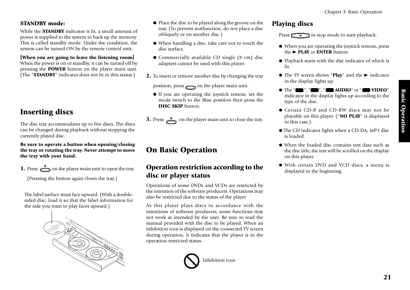 Inserting discs, On basic operation, Playing discs | Kenwood DV-5700 User Manual | Page 21 / 76