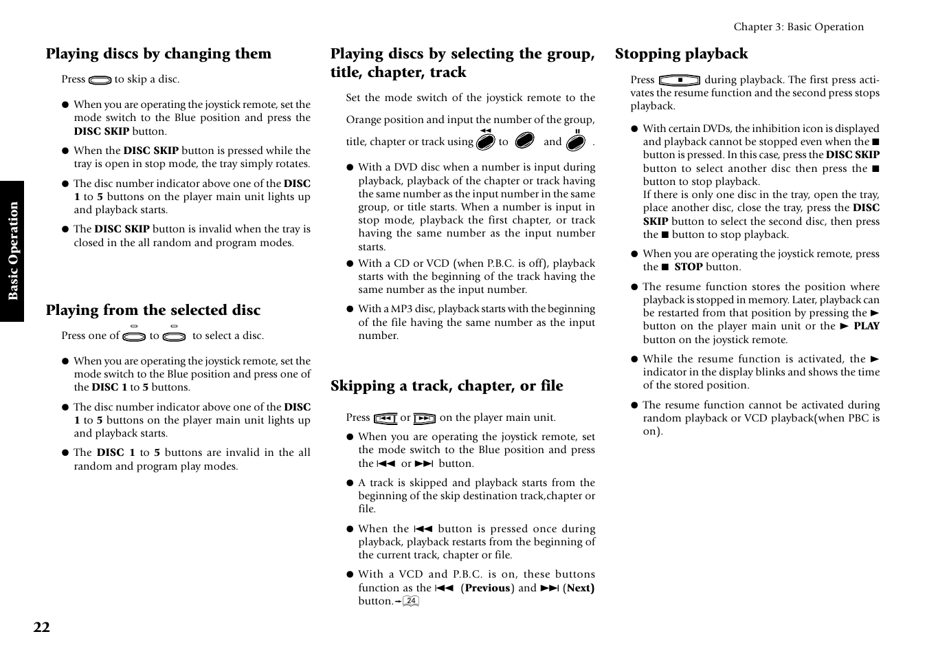Playing discs by changing them, Playing from the selected disc, Skipping a track, chapter, or file | Stopping playback | Kenwood DV-5700 User Manual | Page 22 / 76
