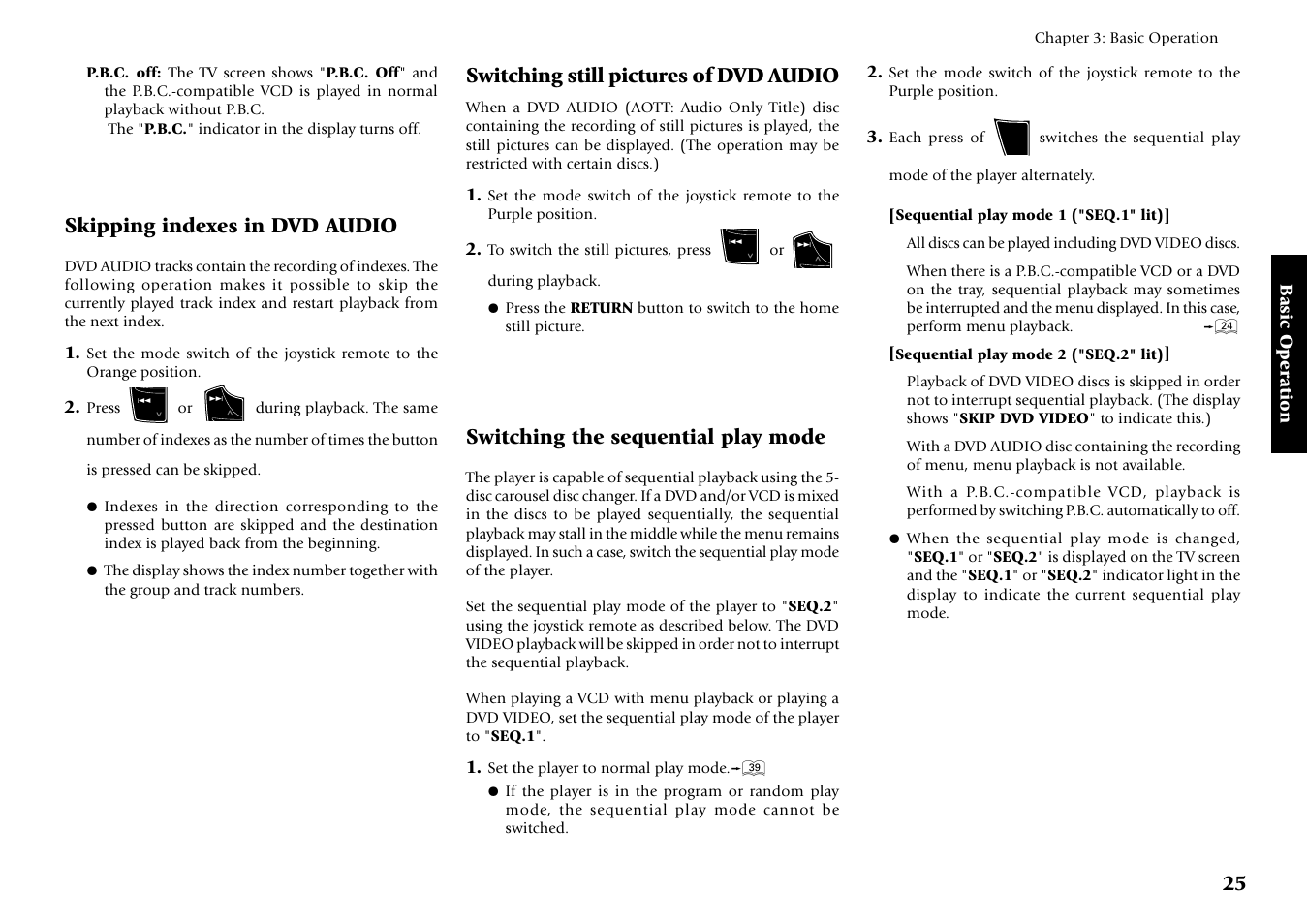 Skipping indexes in dvd audio, Switching still pictures of dvd audio, Switching the sequential play mode | Kenwood DV-5700 User Manual | Page 25 / 76