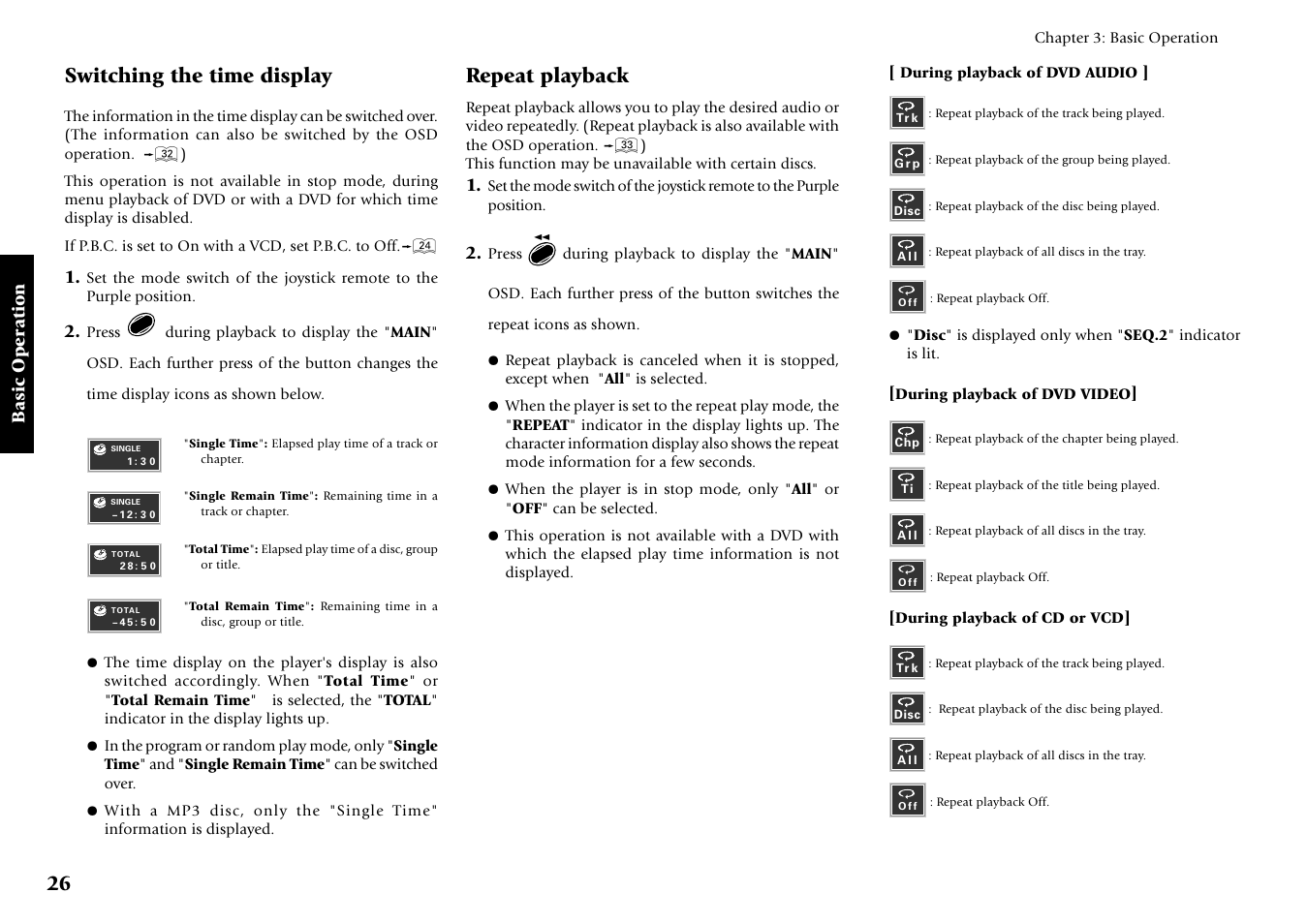 Switching the time display, Repeat playback, Basic operation | Kenwood DV-5700 User Manual | Page 26 / 76