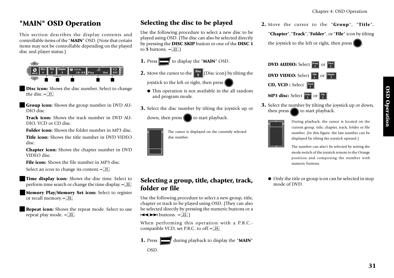 Main" osd operation, Selecting the disc to be played, Osd operation | Kenwood DV-5700 User Manual | Page 31 / 76