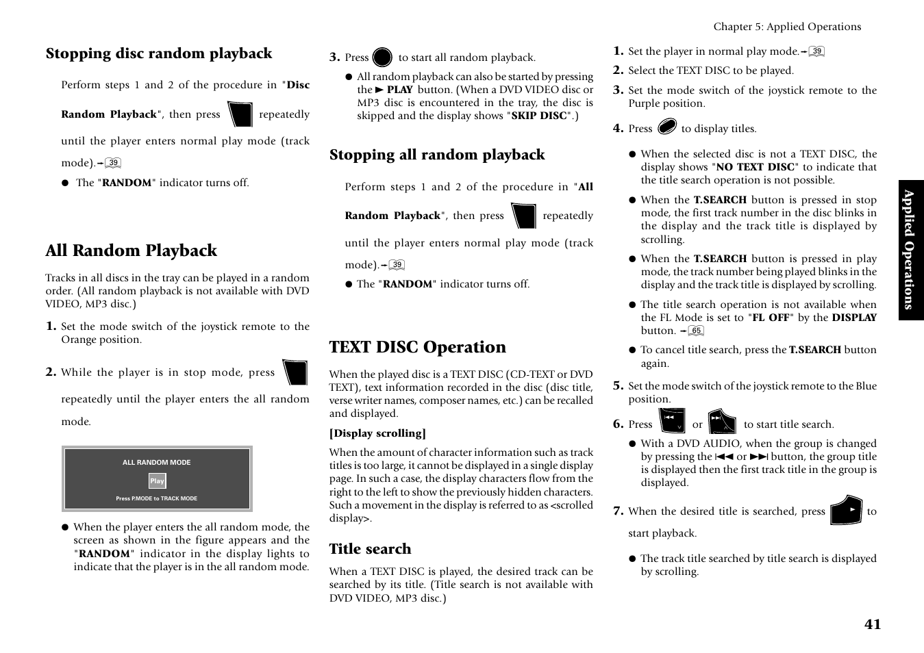 All random playback, Text disc operation, Stopping disc random playback | Stopping all random playback, Title search | Kenwood DV-5700 User Manual | Page 41 / 76