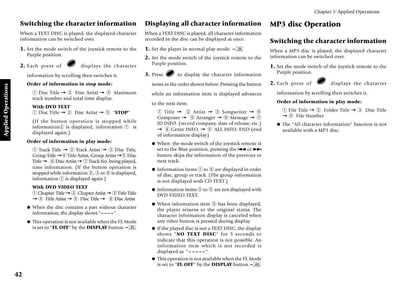 Mp3 disc operation, Switching the character information, Displaying all character information | Kenwood DV-5700 User Manual | Page 42 / 76