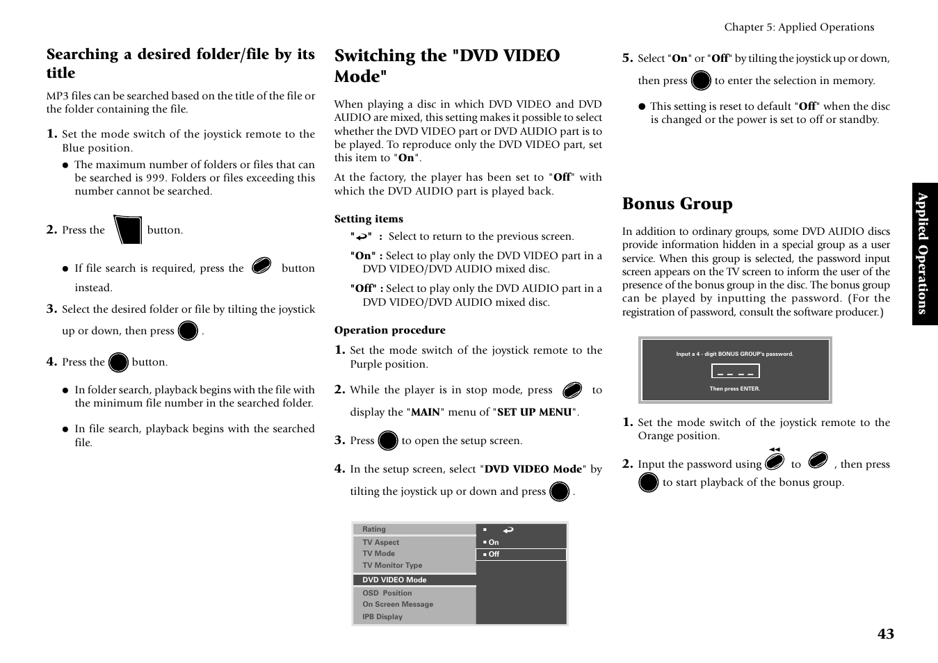 Switching the "dvd video mode, Bonus group, Searching a desired folder/file by its title | Kenwood DV-5700 User Manual | Page 43 / 76