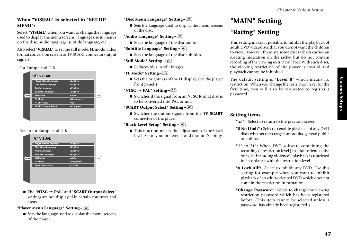 Main" setting, Rating" setting, Various setups | When "visual" is selected in "set up menu, Setting items | Kenwood DV-5700 User Manual | Page 47 / 76