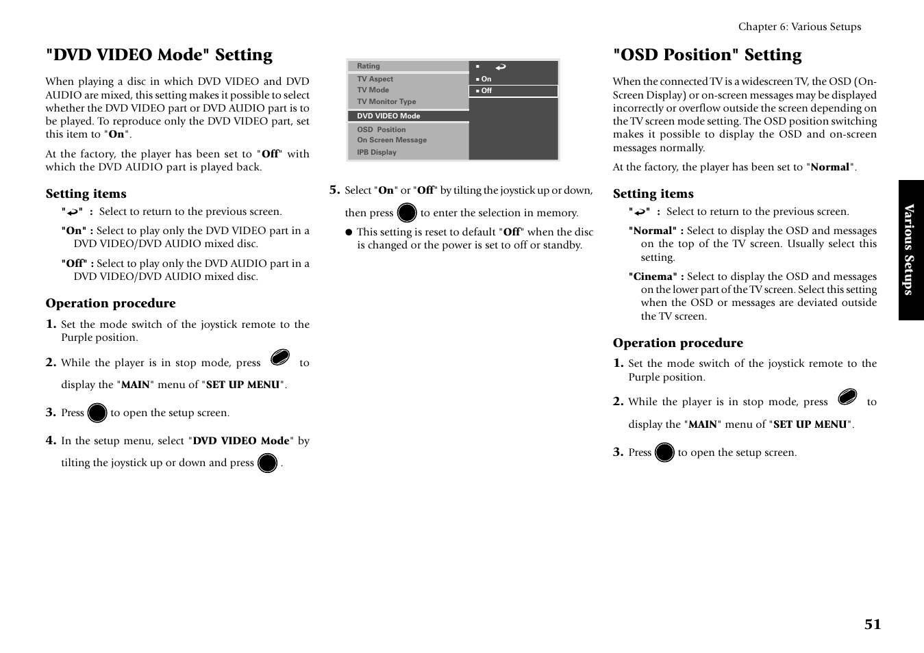 Osd position" setting, Dvd video mode" setting | Kenwood DV-5700 User Manual | Page 51 / 76