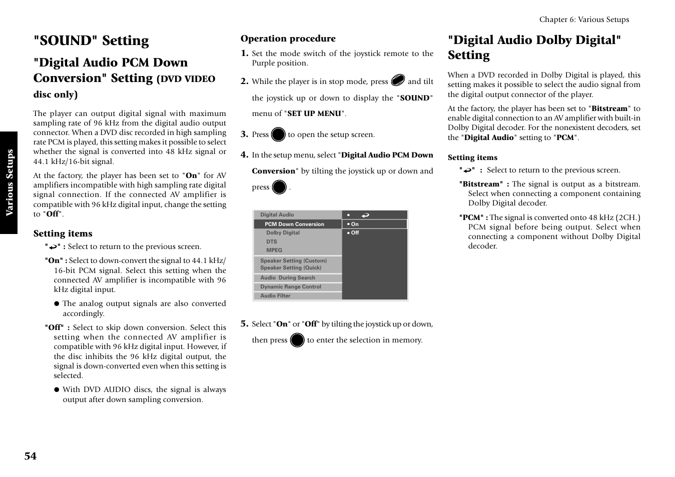 Sound" setting, Digital audio pcm down conversion" setting, Digital audio dolby digital" setting | Kenwood DV-5700 User Manual | Page 54 / 76