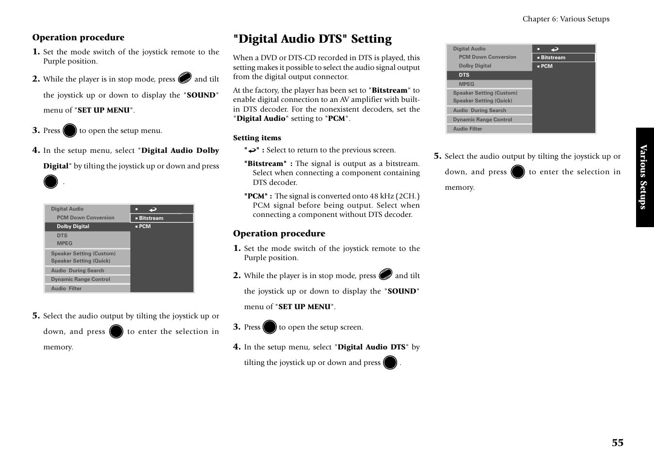 Digital audio dts" setting, Various setups, Operation procedure 1 | Kenwood DV-5700 User Manual | Page 55 / 76