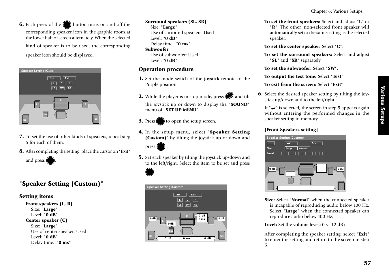 Speaker setting (custom), Various setups, Setting items | Operation procedure 1 | Kenwood DV-5700 User Manual | Page 57 / 76