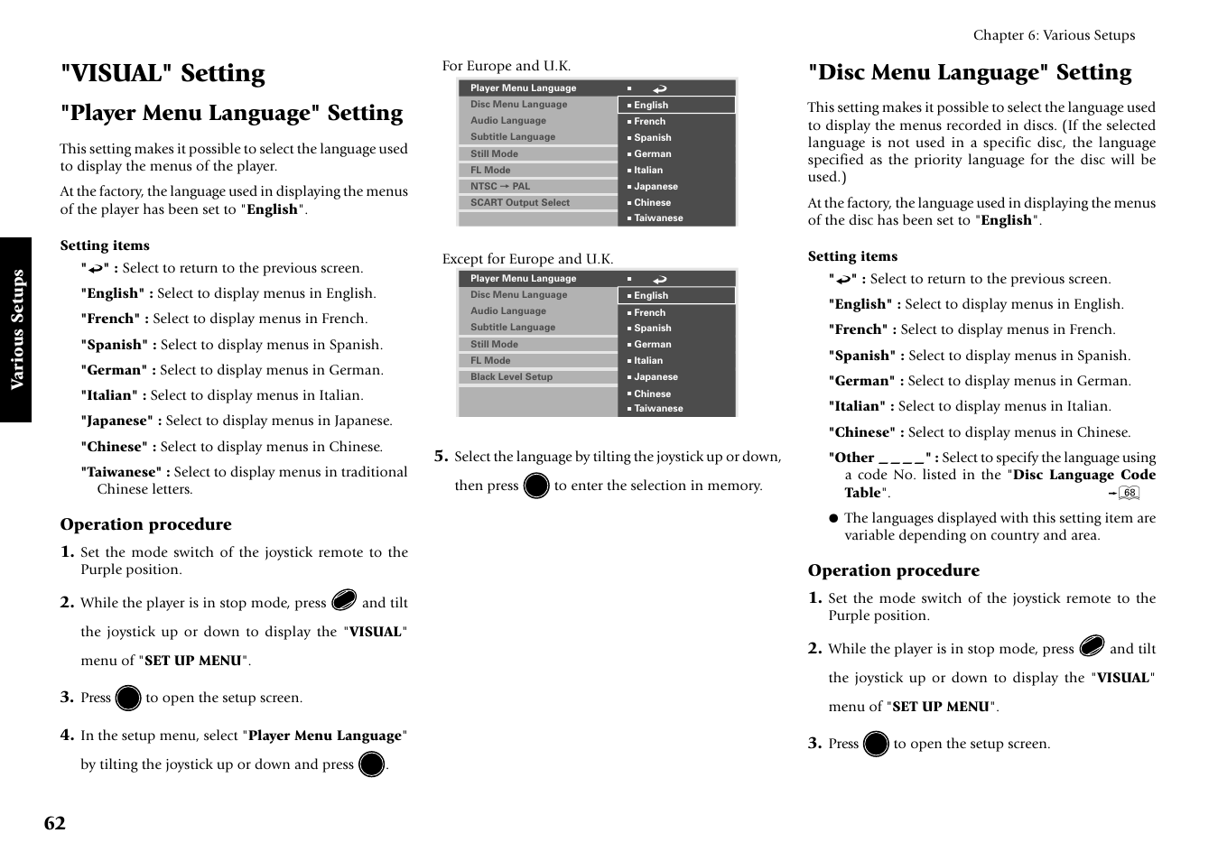 Visual" setting, Player menu language" setting, Disc menu language" setting | Various setups, Operation procedure 1 | Kenwood DV-5700 User Manual | Page 62 / 76