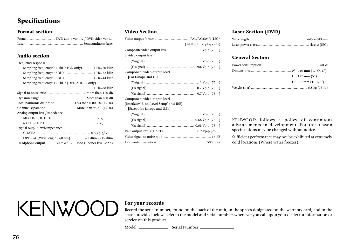 Specifications, Other information, For your records | Kenwood DV-5700 User Manual | Page 76 / 76