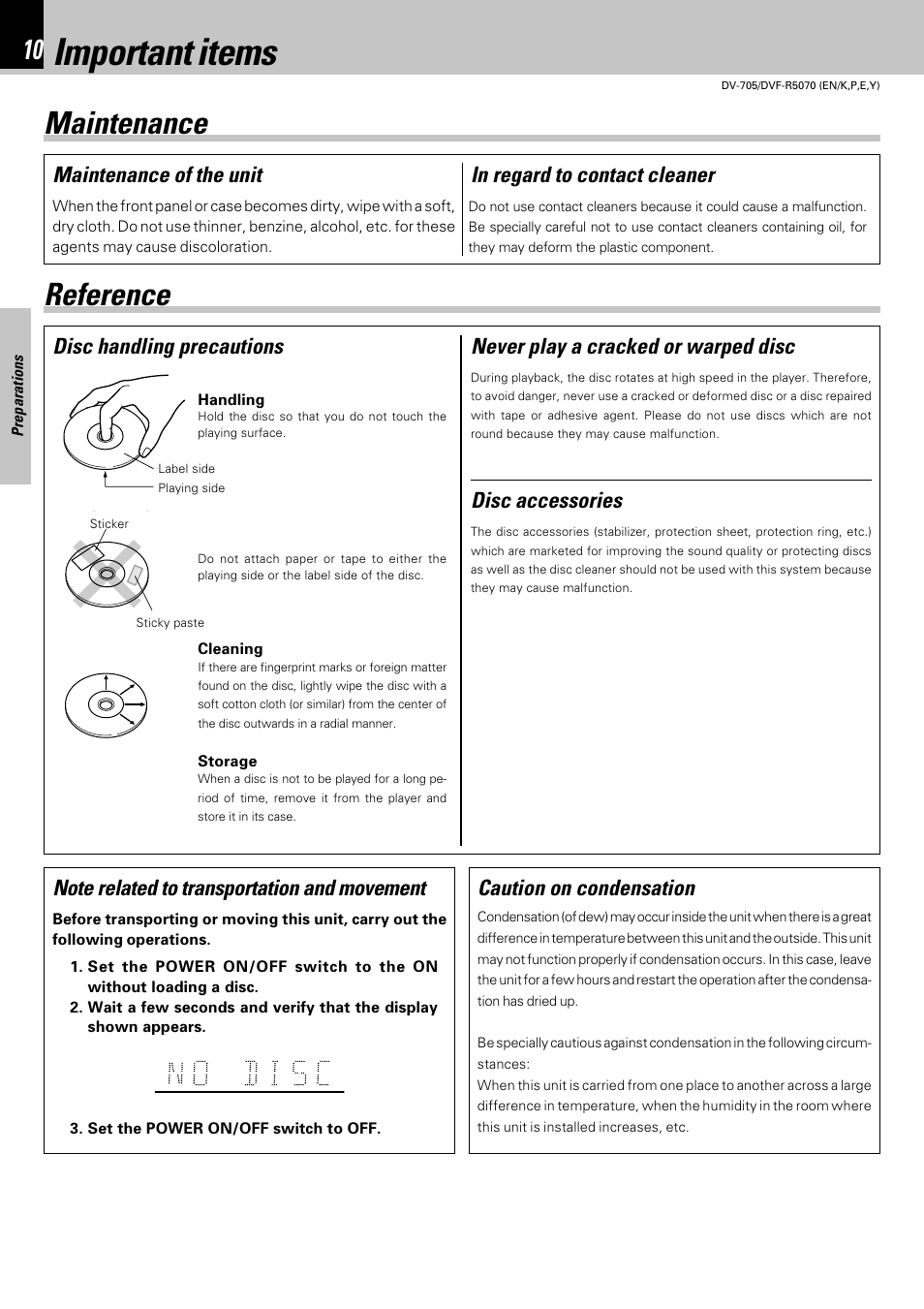 Important items, Maintenance, Reference | Maintenance reference, Disc handling precautions disc accessories, Never play a cracked or warped disc, Caution on condensation, Maintenance of the unit | Kenwood DV-705 User Manual | Page 10 / 48