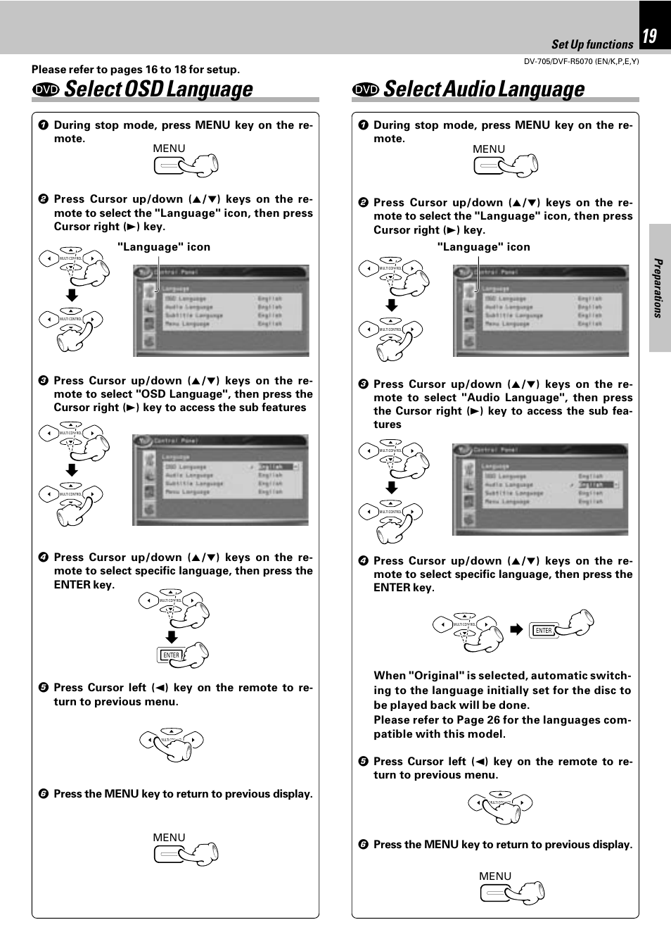 Select osd language, Select audio language, Set up functions | Kenwood DV-705 User Manual | Page 19 / 48