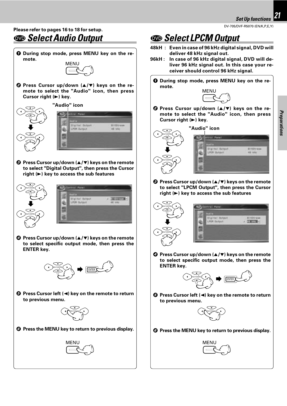 Select audio output, Select lpcm output, Set up functions | Kenwood DV-705 User Manual | Page 21 / 48