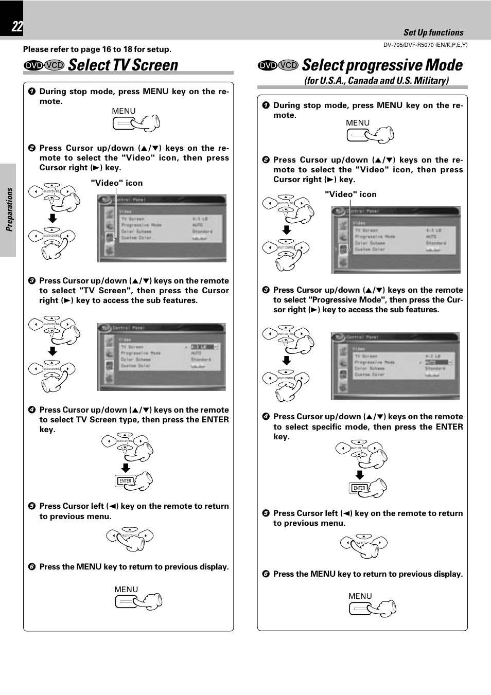 Select tv screen, Select progressive mode, For u.s.a., canada and u.s. military) | Set up functions | Kenwood DV-705 User Manual | Page 22 / 48