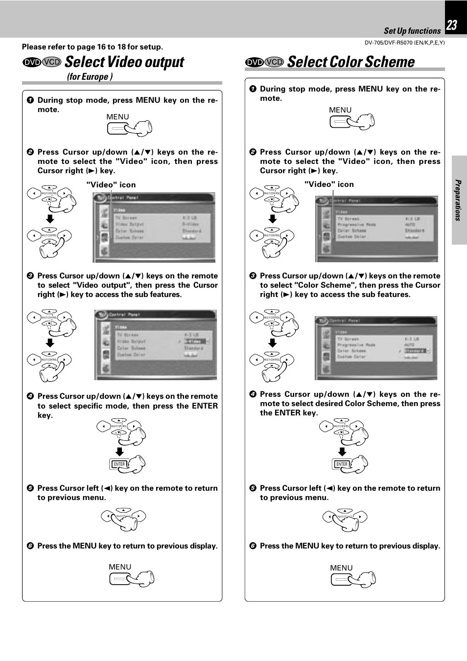 Select video output (for europe ), Select color scheme, Select video output | For europe ), Set up functions | Kenwood DV-705 User Manual | Page 23 / 48