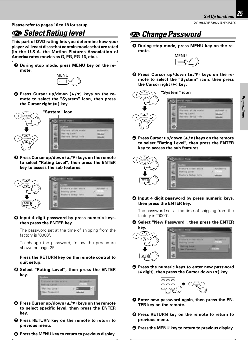 Select rating level, Change password, Set up functions | Kenwood DV-705 User Manual | Page 25 / 48