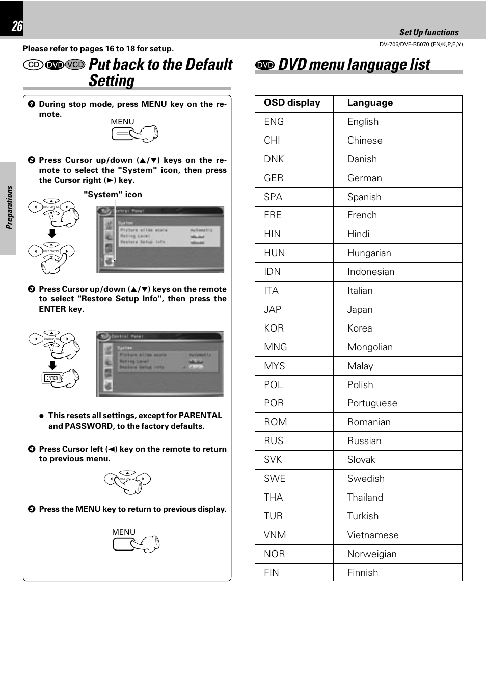 Put back to the default setting, Dvd menu language list | Kenwood DV-705 User Manual | Page 26 / 48