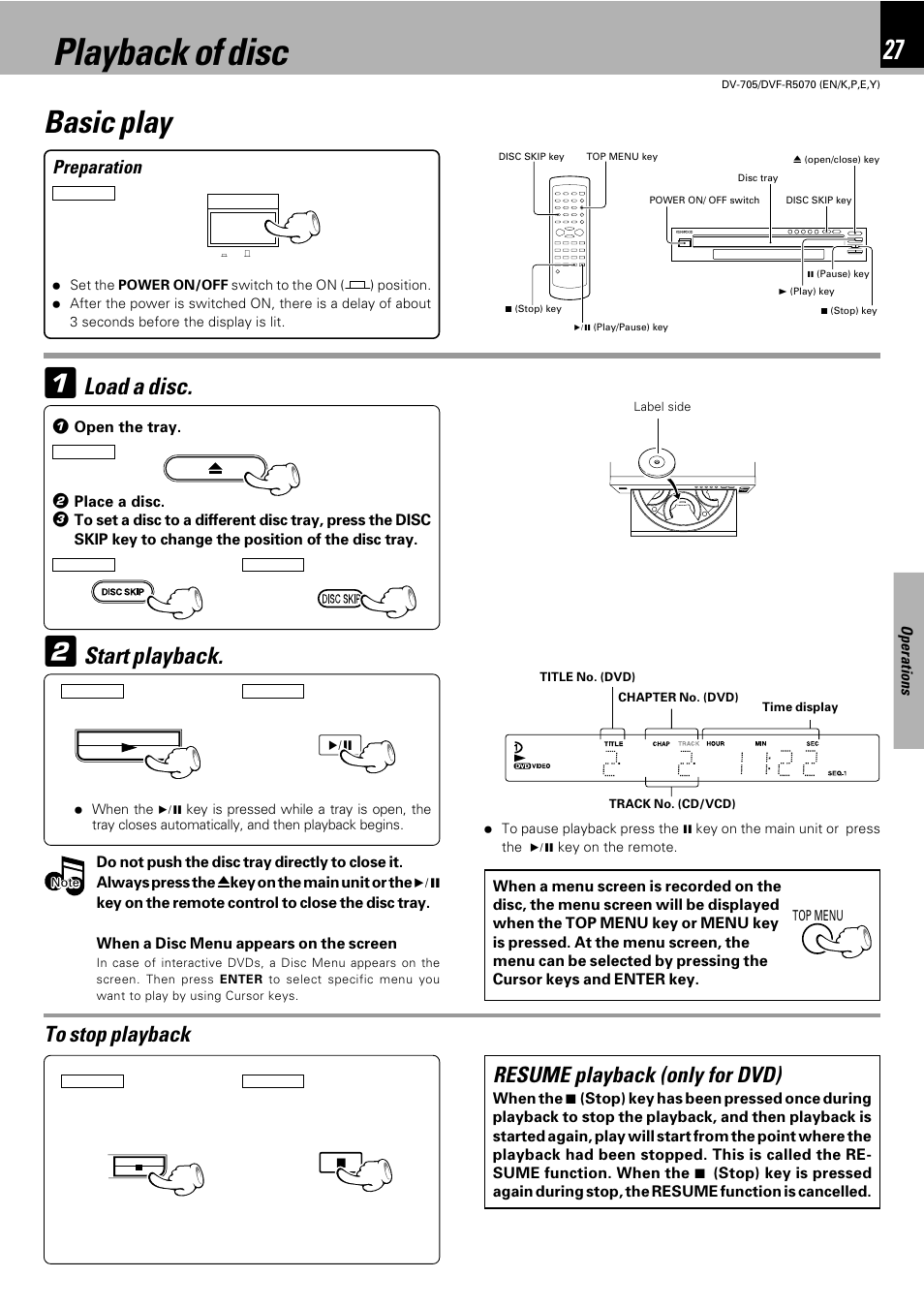 Operations, Playback of disc, Basic play | Load a disc, Start playback, Resume playback (only for dvd), Preparation | Kenwood DV-705 User Manual | Page 27 / 48