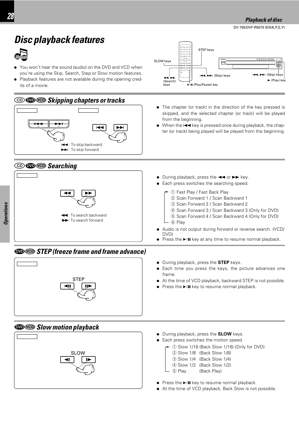 Disc playback features, Step (freeze frame and frame advance), Slow motion playback | Skipping chapters or tracks, Searching, Using the on-screen banner display, Playback of disc | Kenwood DV-705 User Manual | Page 28 / 48