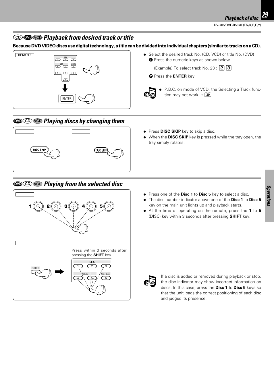 Playing discs by changing them, Playing from the selected disc, Playback from desired track or title | Kenwood DV-705 User Manual | Page 29 / 48