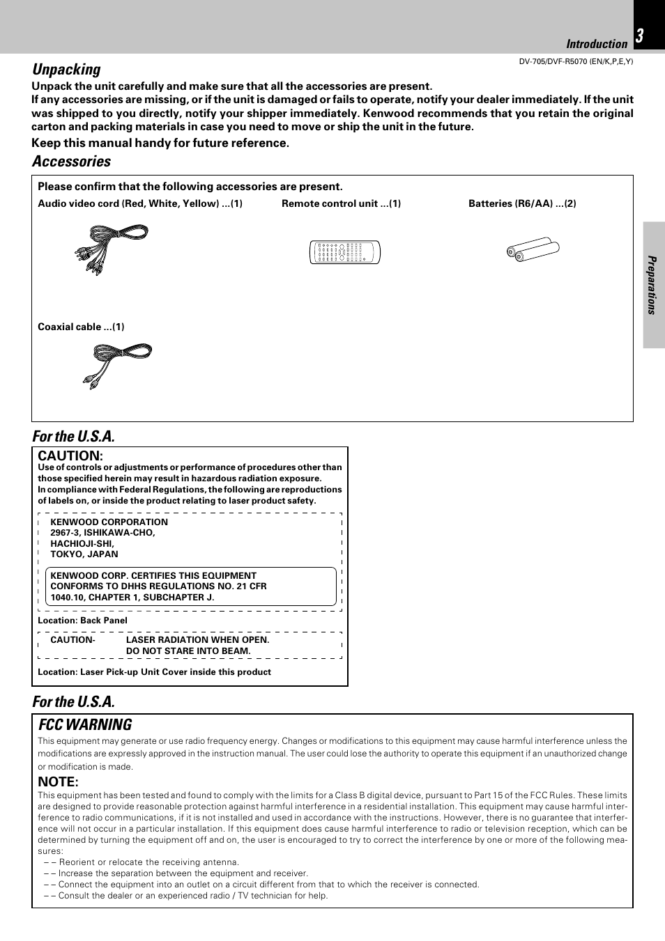 Unpacking, Accessories, Fcc warning | For the u.s.a | Kenwood DV-705 User Manual | Page 3 / 48