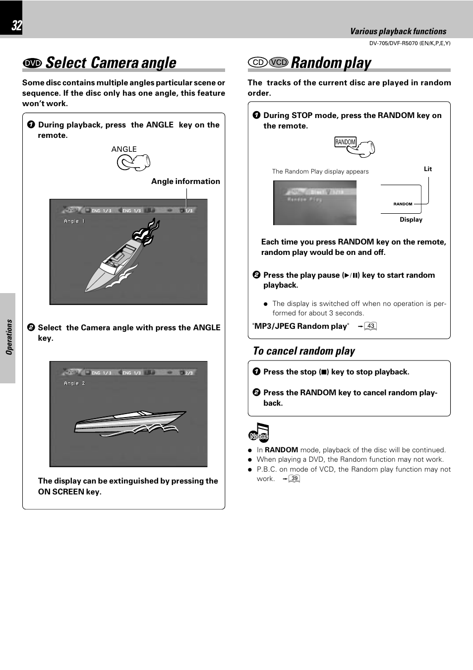 Select camera angle, Random play | Kenwood DV-705 User Manual | Page 32 / 48