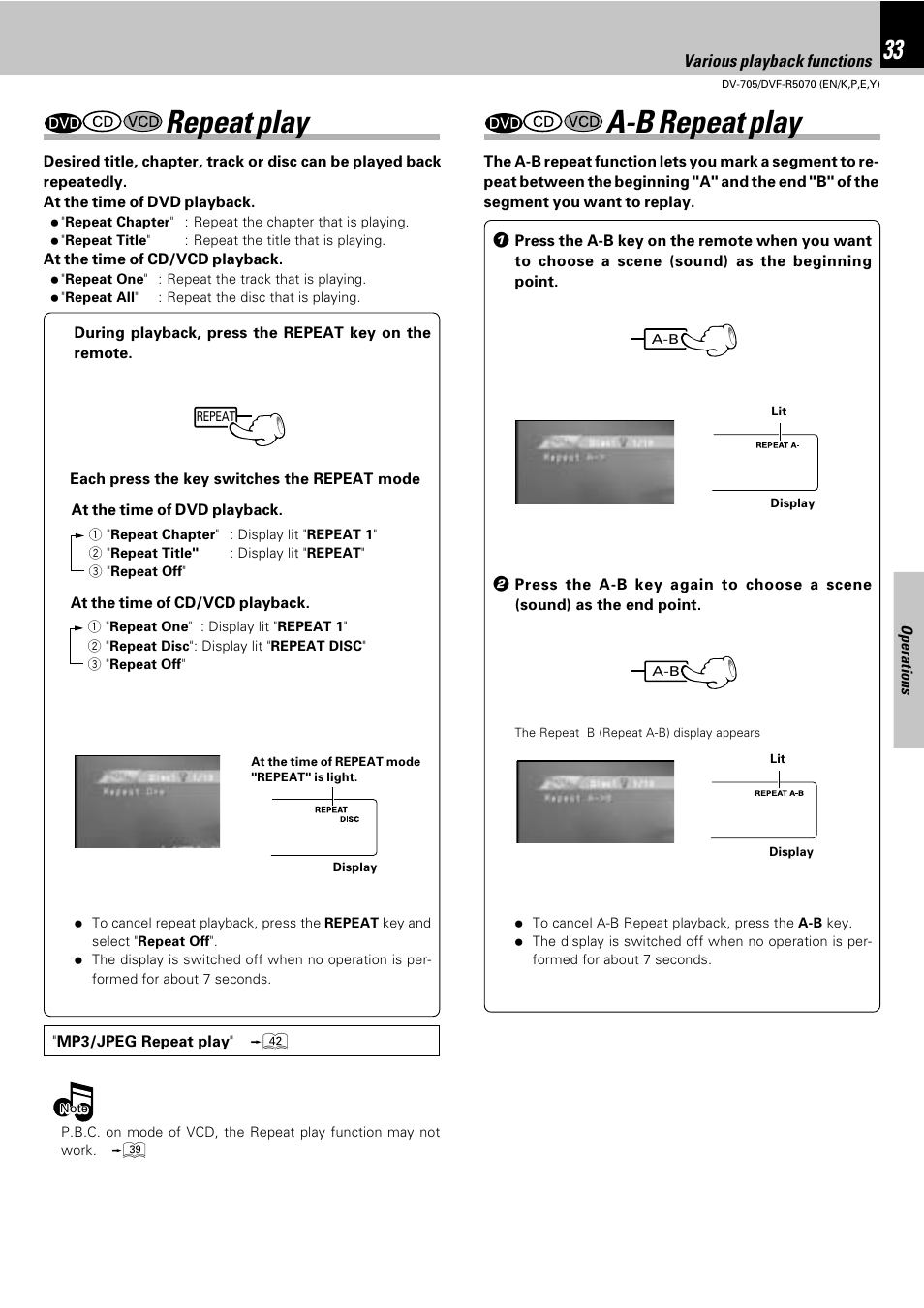 Repeat play, A-b repeat play | Kenwood DV-705 User Manual | Page 33 / 48