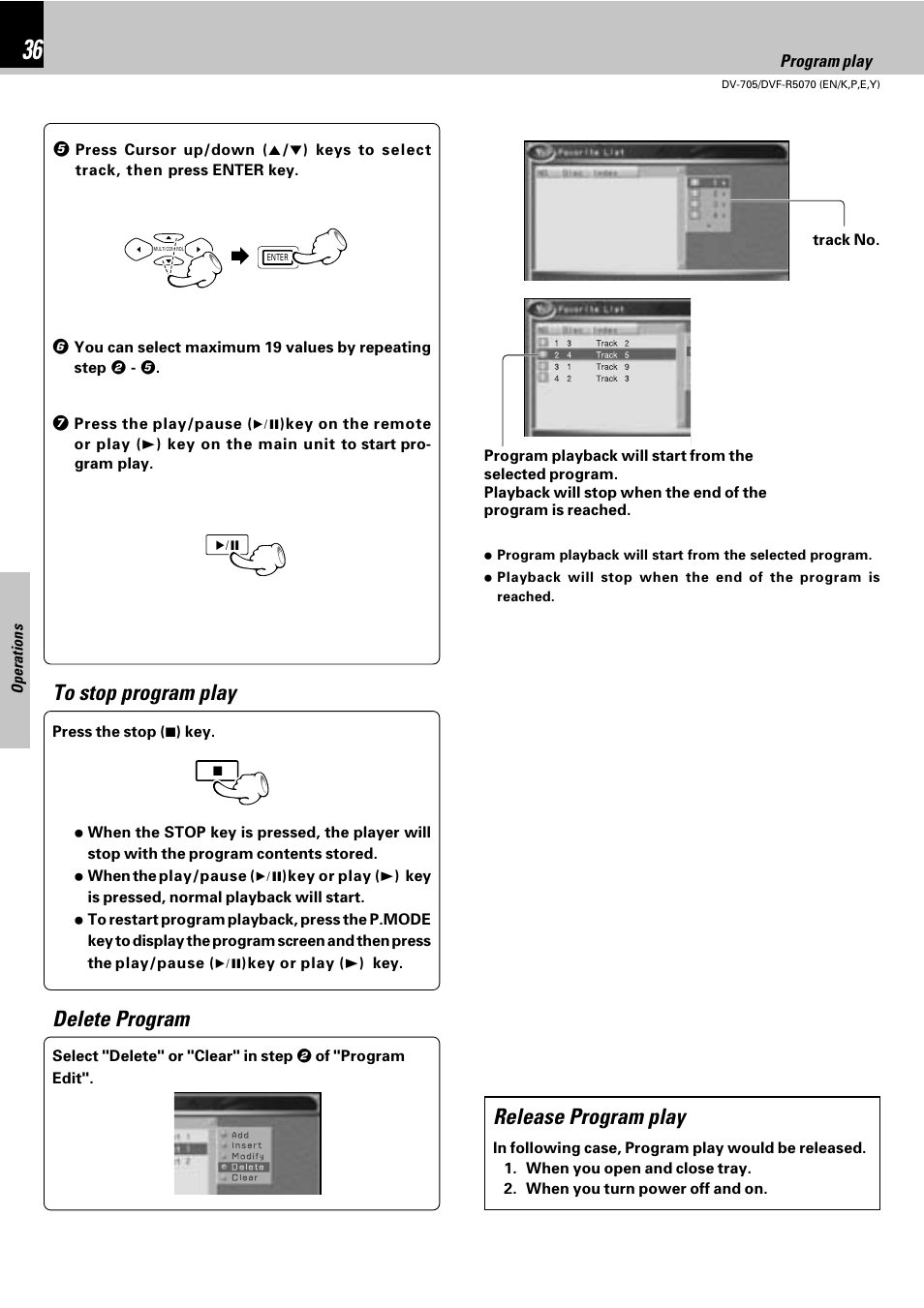 Release program play, Delete program | Kenwood DV-705 User Manual | Page 36 / 48