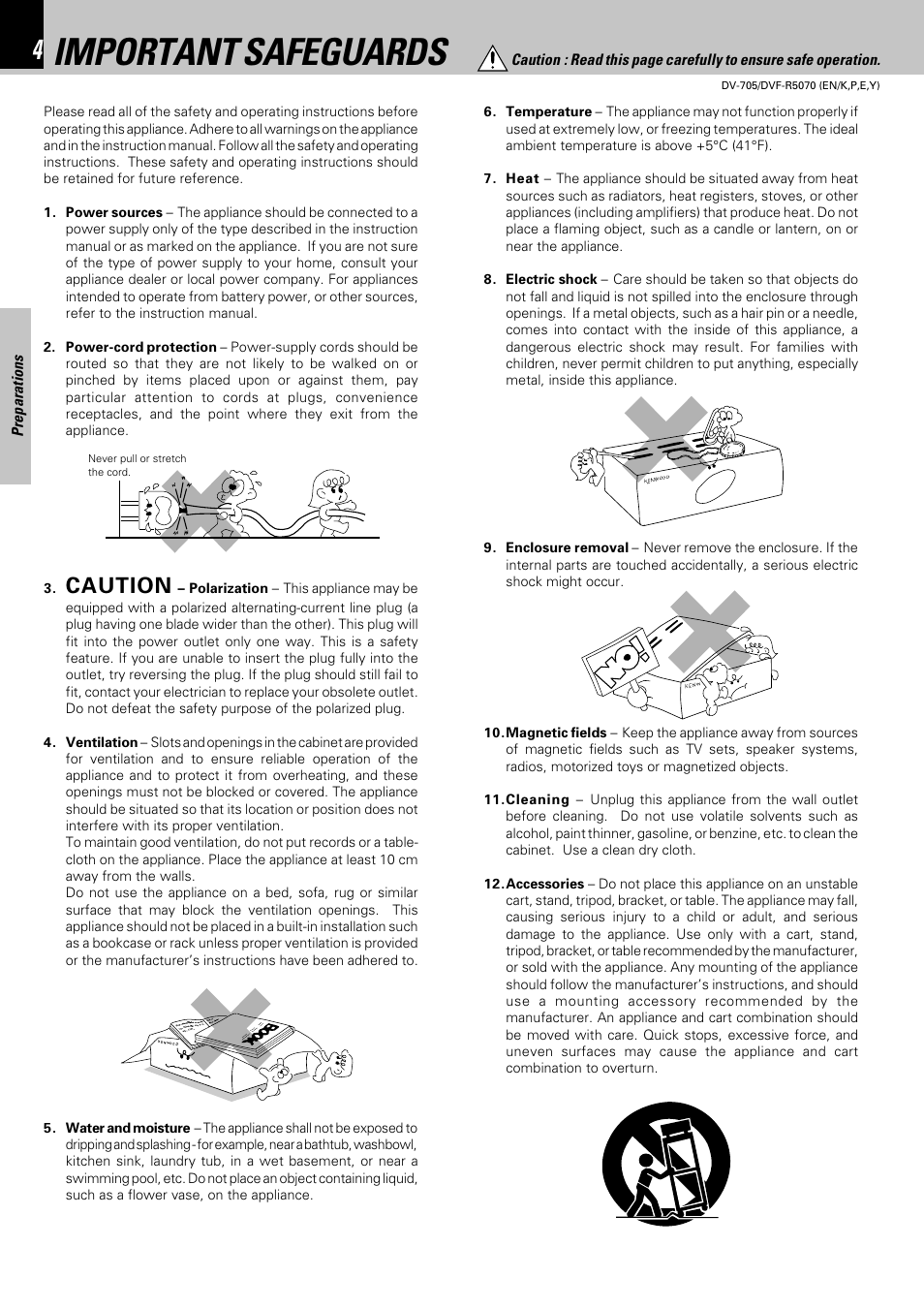 Important safeguards, Caution | Kenwood DV-705 User Manual | Page 4 / 48