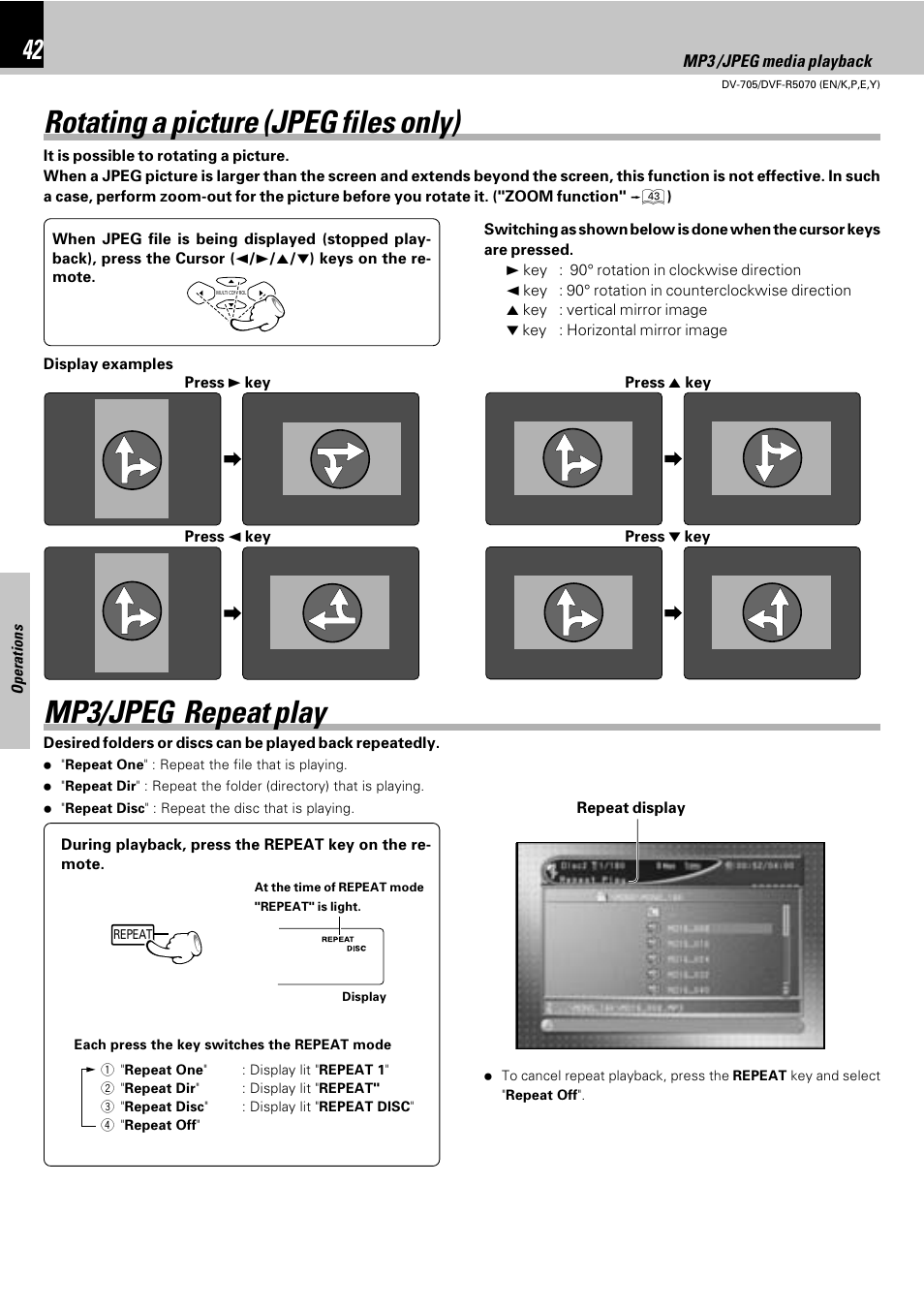 Rotating a picture (jpeg files only), Mp3/jpeg repeat play | Kenwood DV-705 User Manual | Page 42 / 48