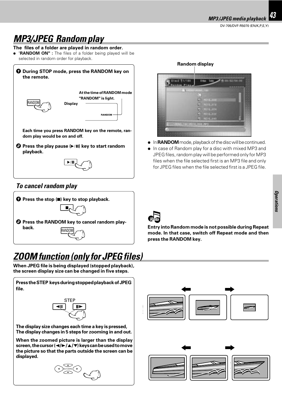 Mp3/jpeg random play, Zoom function (only for jpeg files) | Kenwood DV-705 User Manual | Page 43 / 48