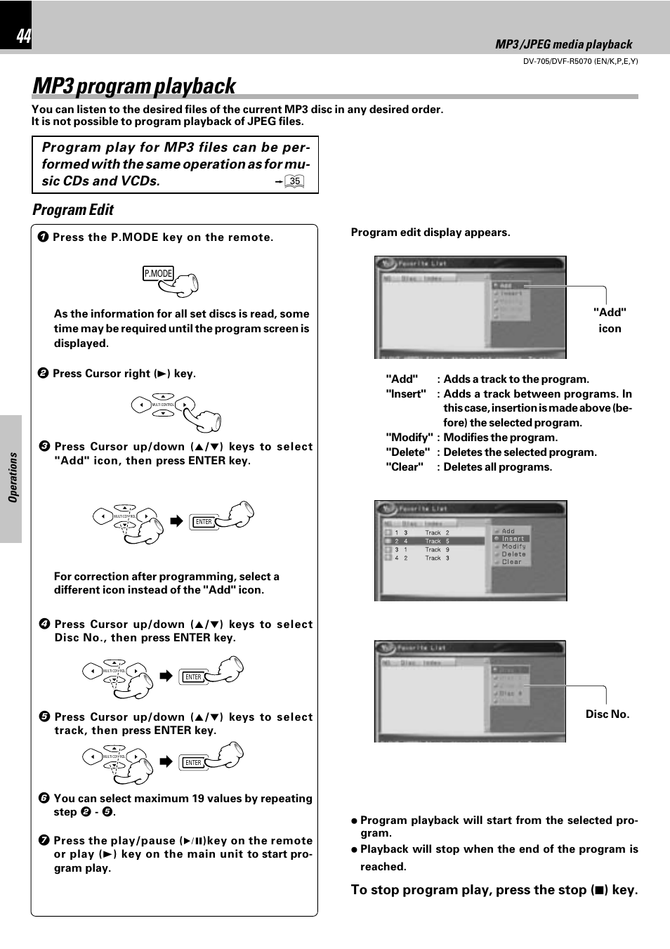 Mp3 program playback, Program edit | Kenwood DV-705 User Manual | Page 44 / 48