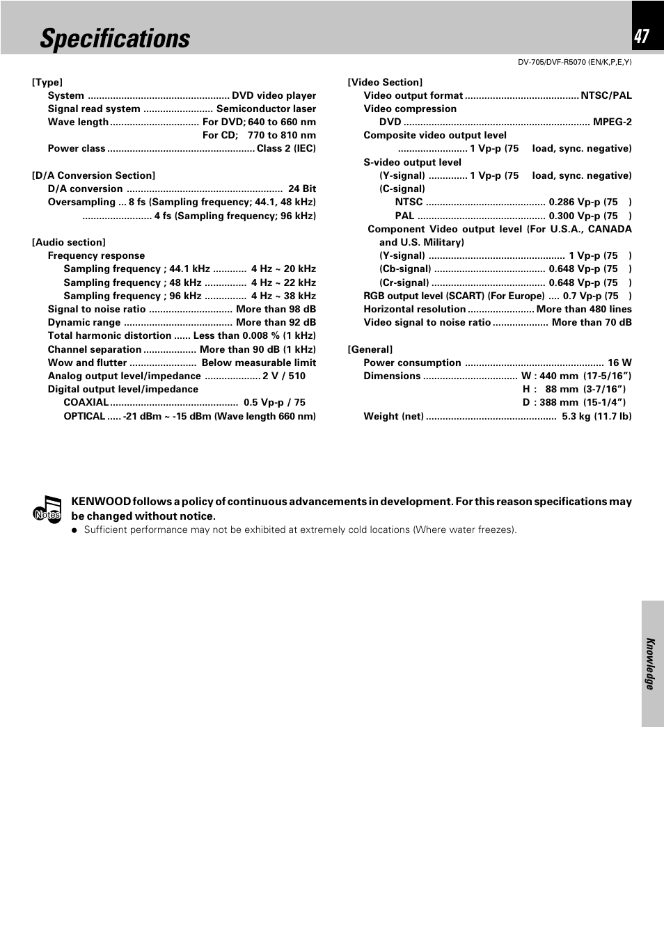 Specifications | Kenwood DV-705 User Manual | Page 47 / 48