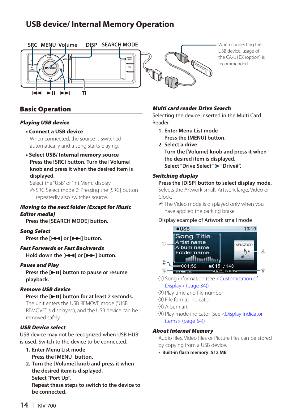 Usb device/ internal memory operation, Basic operation, Usb device/ internal | Memory operation | Kenwood DIGITAL MEDIA RECEIVER KIV-700 User Manual | Page 14 / 76