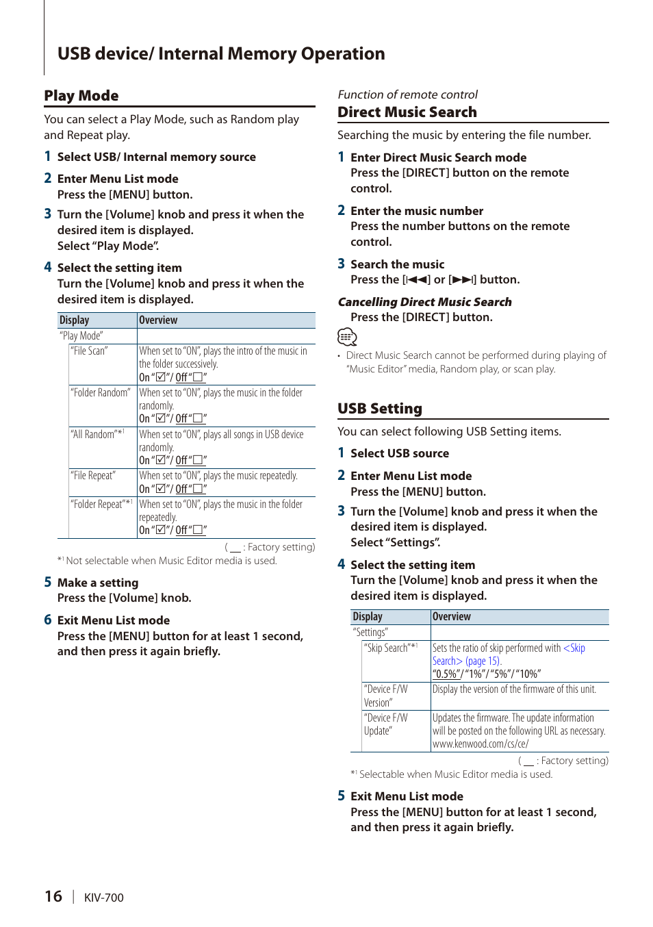 Play mode, Direct music search, Usb setting | Play mode direct music search usb setting | Kenwood DIGITAL MEDIA RECEIVER KIV-700 User Manual | Page 16 / 76