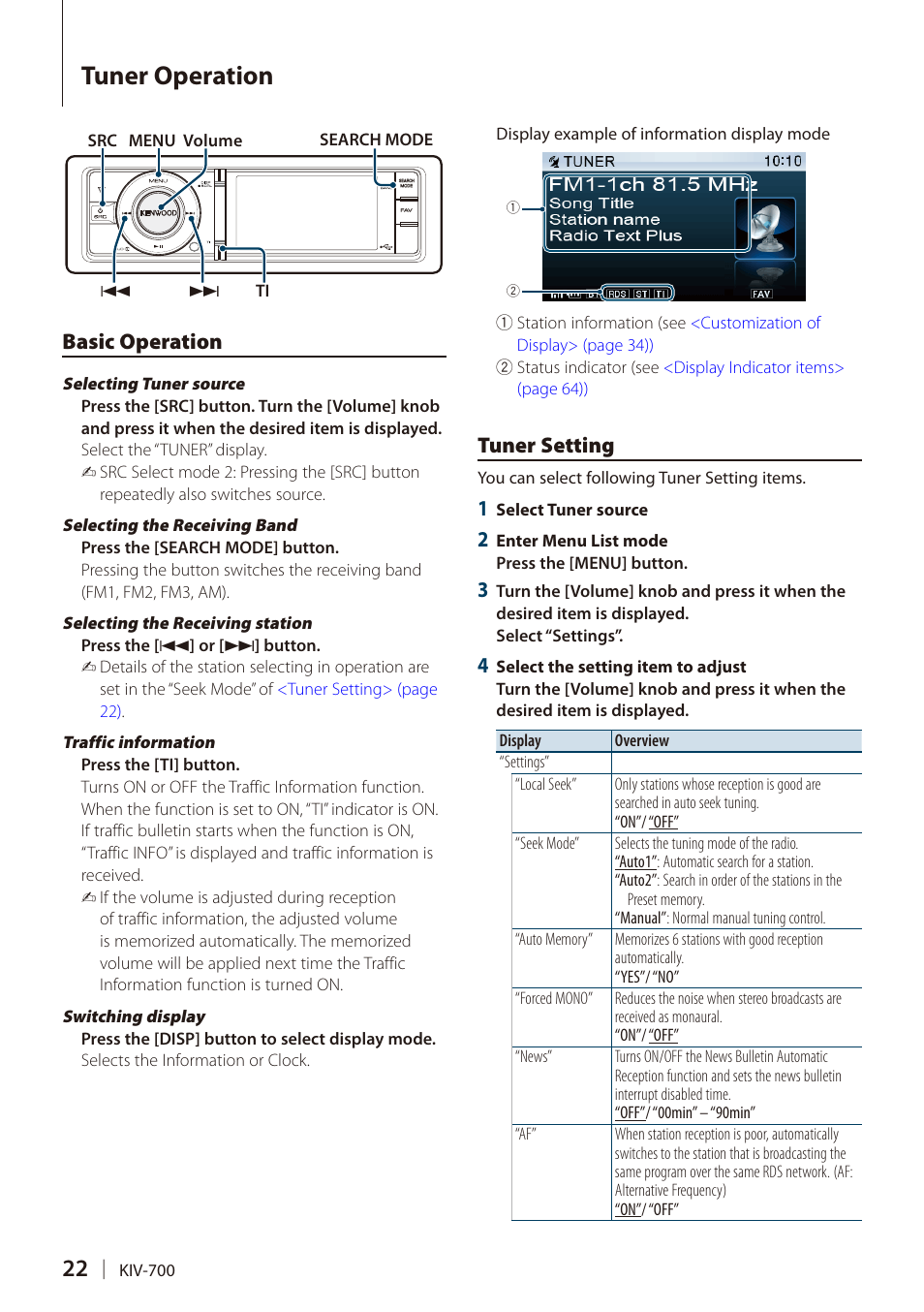 Tuner operation, Basic operation, Tuner setting | Basic operation tuner setting | Kenwood DIGITAL MEDIA RECEIVER KIV-700 User Manual | Page 22 / 76