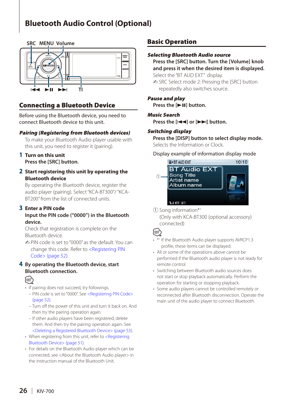 Bluetooth audio control (optional), Connecting a bluetooth device, Basic operation | Bluetooth audio control, Optional), Connecting a bluetooth device basic operation | Kenwood DIGITAL MEDIA RECEIVER KIV-700 User Manual | Page 26 / 76