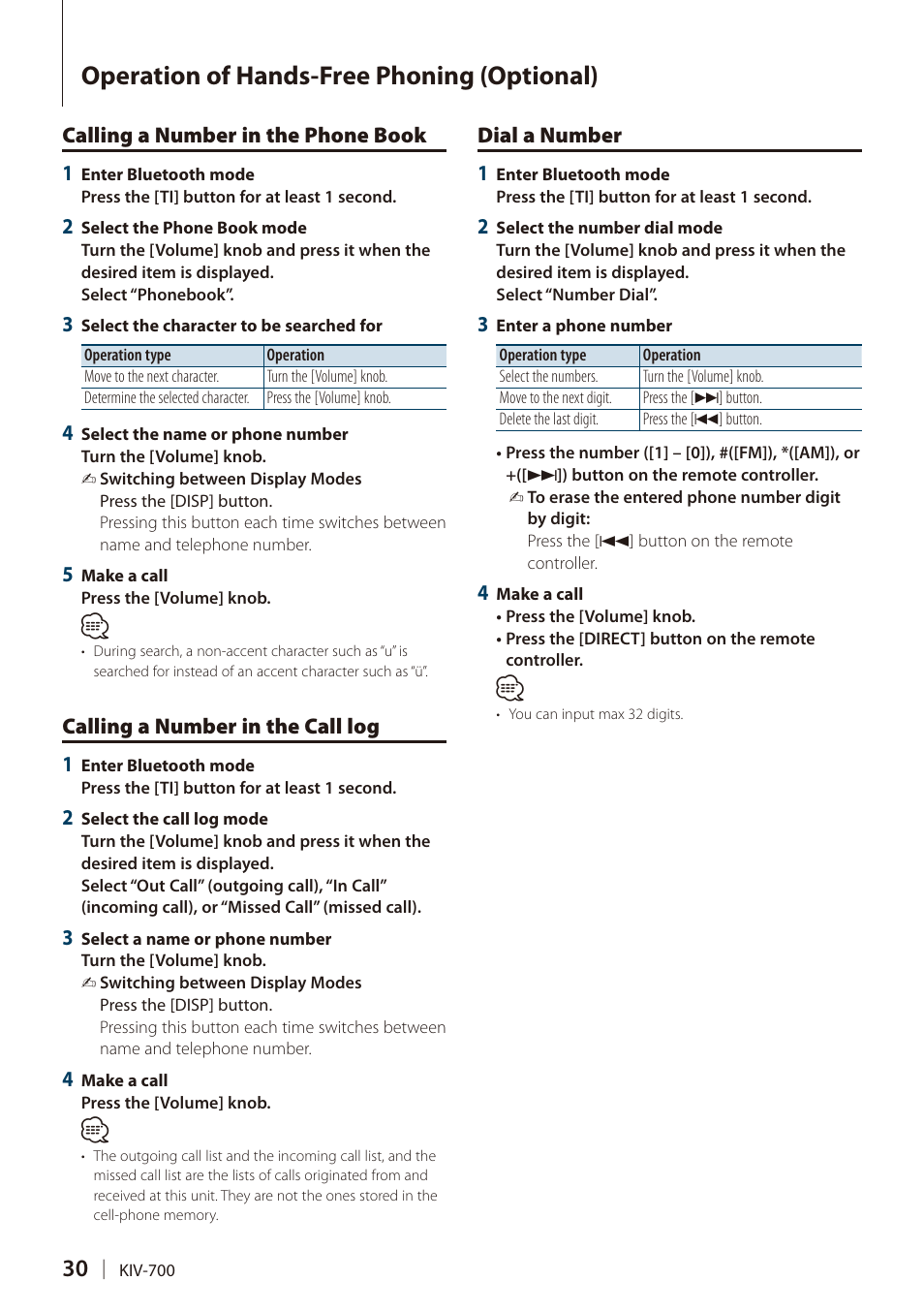 Calling a number in the phone book, Calling a number in the call log, Dial a number | Calling a number in the phone, Book, Calling a number in the call log dial a number, Operation of hands-free phoning (optional) | Kenwood DIGITAL MEDIA RECEIVER KIV-700 User Manual | Page 30 / 76